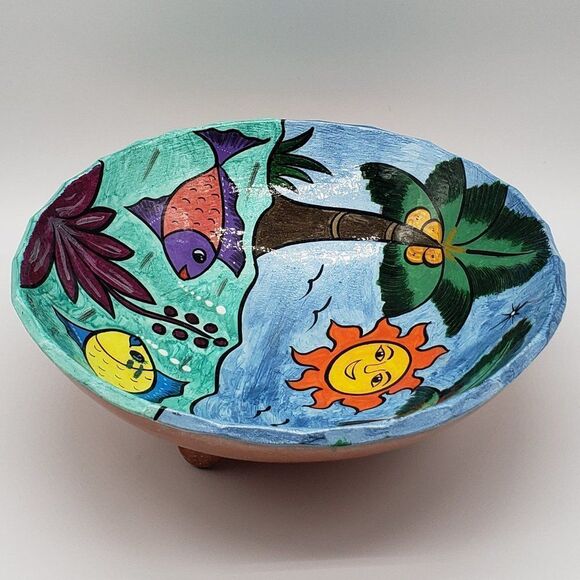 Mexican Hand Painted Folk Art Storyteller Sun, Trees & Fish 3 Footed Bowl - 2012 - Picture 3 of 10